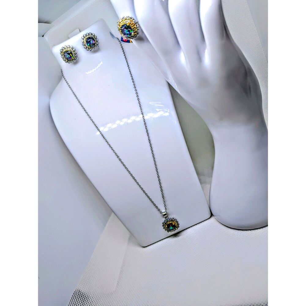 Womens 3pc Square Jewelry Set In Rainbow Mystic Topaz Gems. Pendant Earring Ring